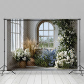 Aperturee - Aperturee Rustic Farmhouse Window Photography Backdrop White and Blue Floral Decor Spring Wedding Photo Background